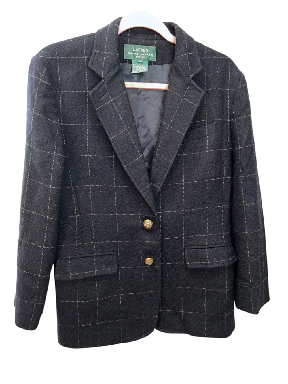 Ralph Lauren navy blue wool window pane plaid equestrian horse buttons blazer 8